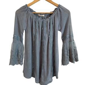 Y2K Living Doll Boho Babydoll Top Womens S Blue Lace Bell Sleeve Peasant Blouse
